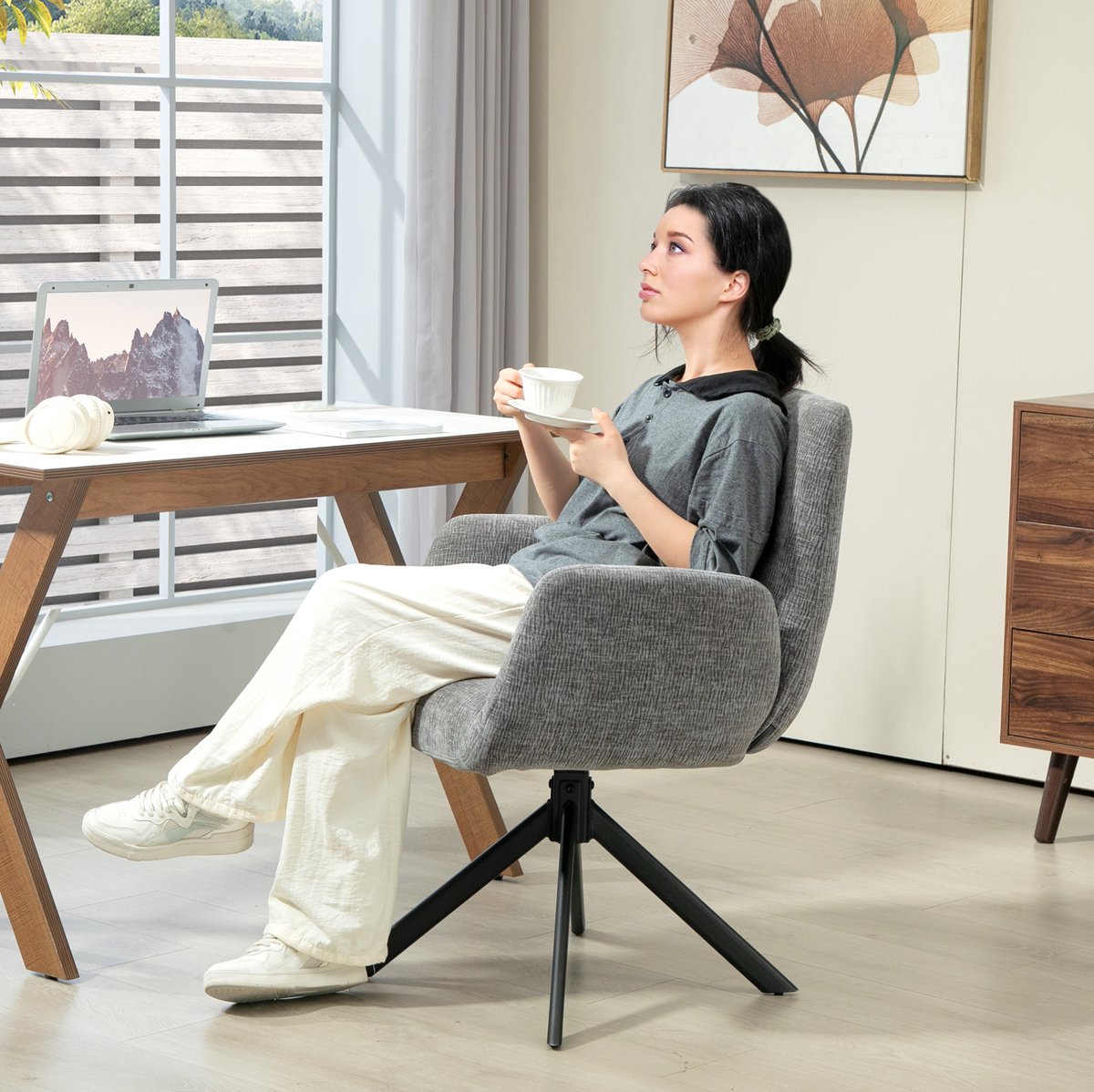 COVREO Fauteuil draaibaar 60 x 61 x 88 cm donkergrijs, stof, 360° draaibaar