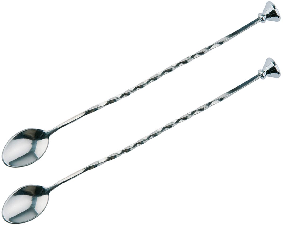 Buddy´s Bar barlepel set - cocktail roerlepels met muddler - 27 cm - gepolijst RVS - 2 stuks