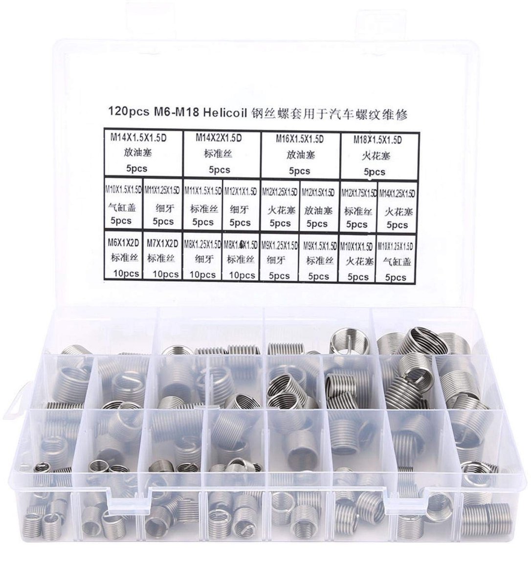 Omgoods- Helicoil Set 120 Stuks - Schroefdraad Reparatieset - M6/M7/M8/M9/M10/M11/M12/M14/M16/M18 - Roestvrij Staal - Inzetstukken 1/1,5/2D - Draadreparatie