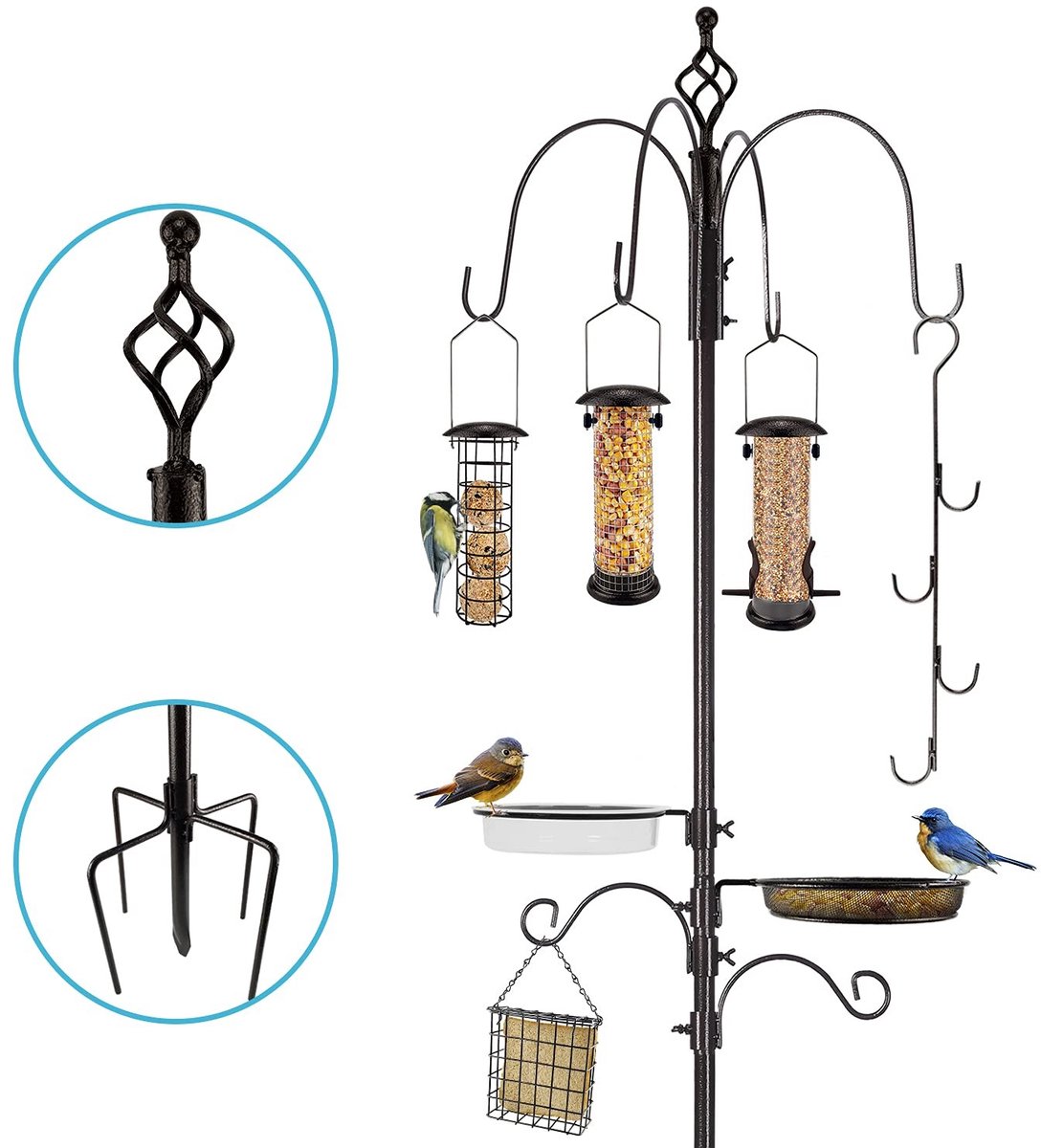 Omgoods- Vogelvoederstation Premium Deluxe - Zware Voederstang - Hangende Kit - Meerdere Voederbakjes - Vogelbad - Aantrekken van Wilde Vogels - Voederstation