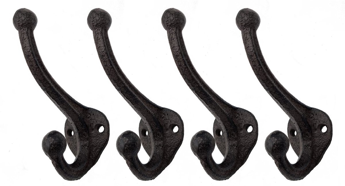 Omgoods- Muurhaken Set van 4 - Gietijzeren Wandhaken - Decoratieve Jashaken - Antieke Donkerbruine Afwerking - 11 cm Hoogte
