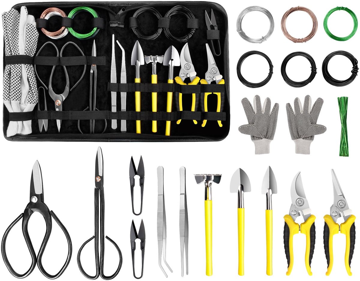Omgoods- Bonsai-gereedschapsset 19-delig - Tuingereedschapset - Bonsaischaar - Snoeischaar - Mini-hark - Tuinhandschoenen - Hoogwaardig koolstofstaal - Tuingereedschap