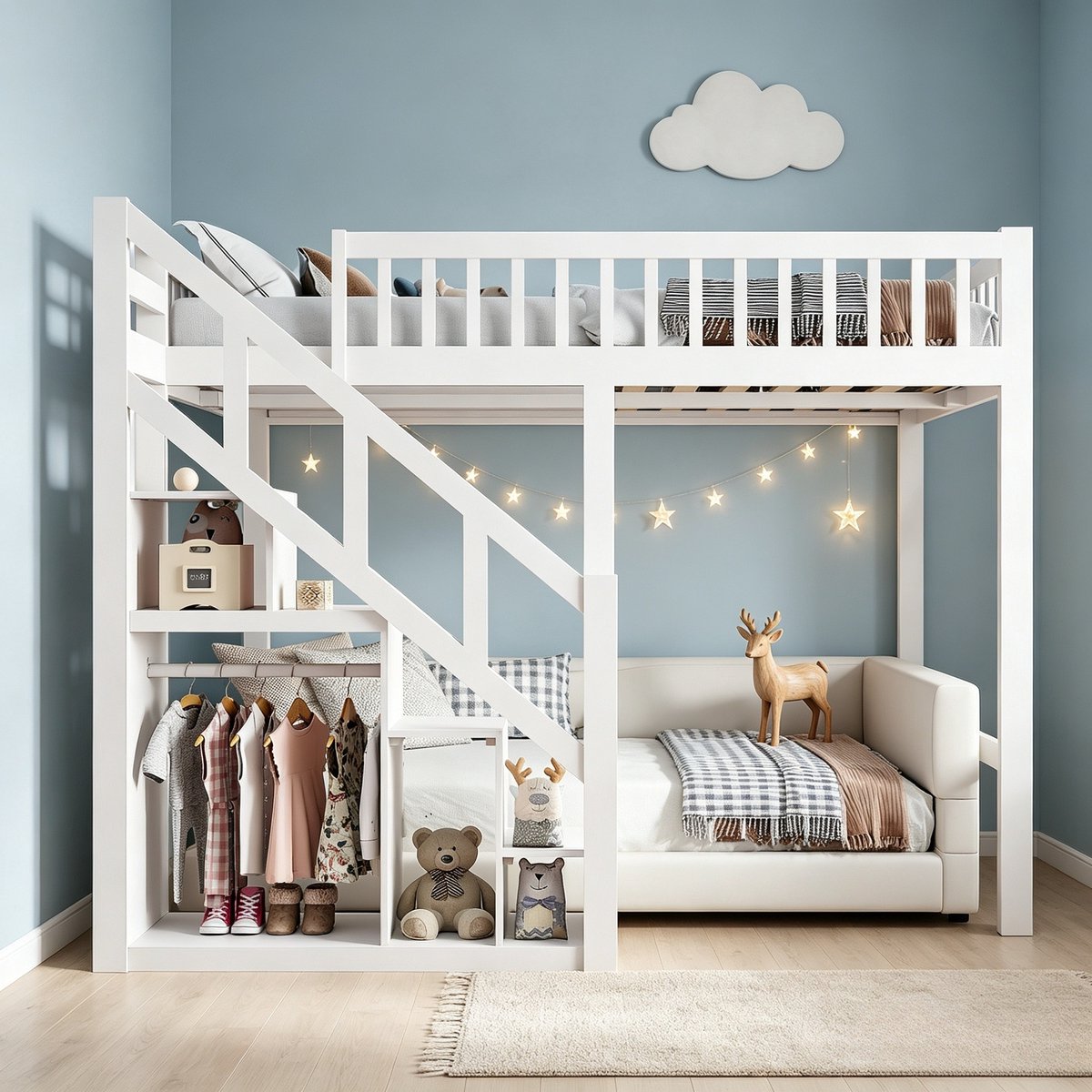Kinderbed hoogslaper 140x200 cm, houten halfhoogslaper met trap en opbergruimte, bed met sterren veiligheidsrek, wit, zonder matras
