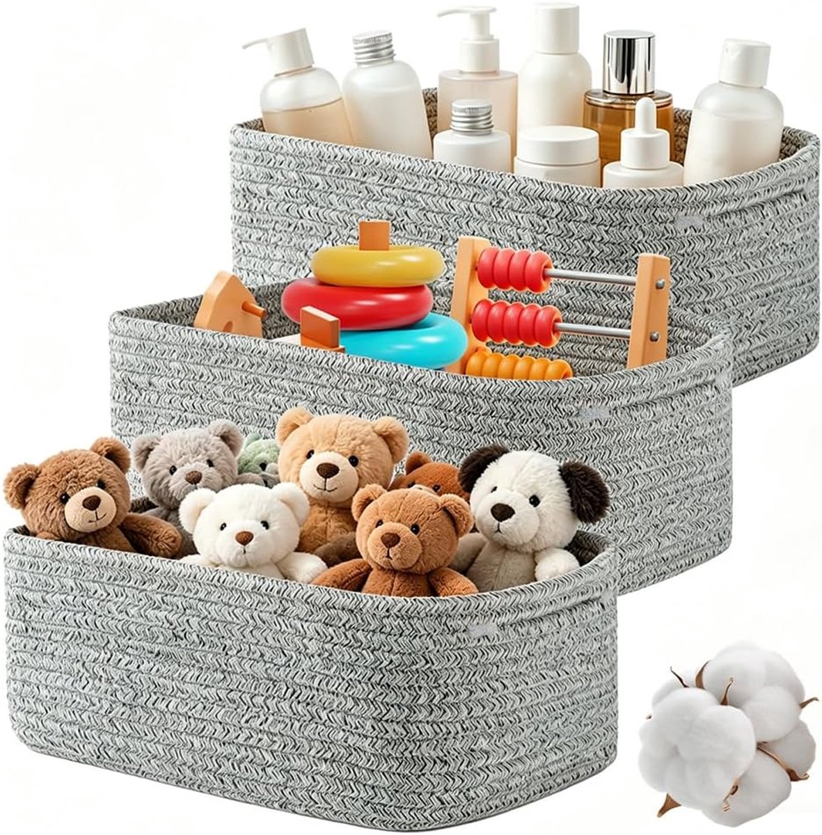Plankmanden voor het organiseren, kleine opbergdoos, kast, opbergmanden, gevlochten touwmand, opbergmand, organizer, manden voor speelgoed, planken, kleding (grijs)
