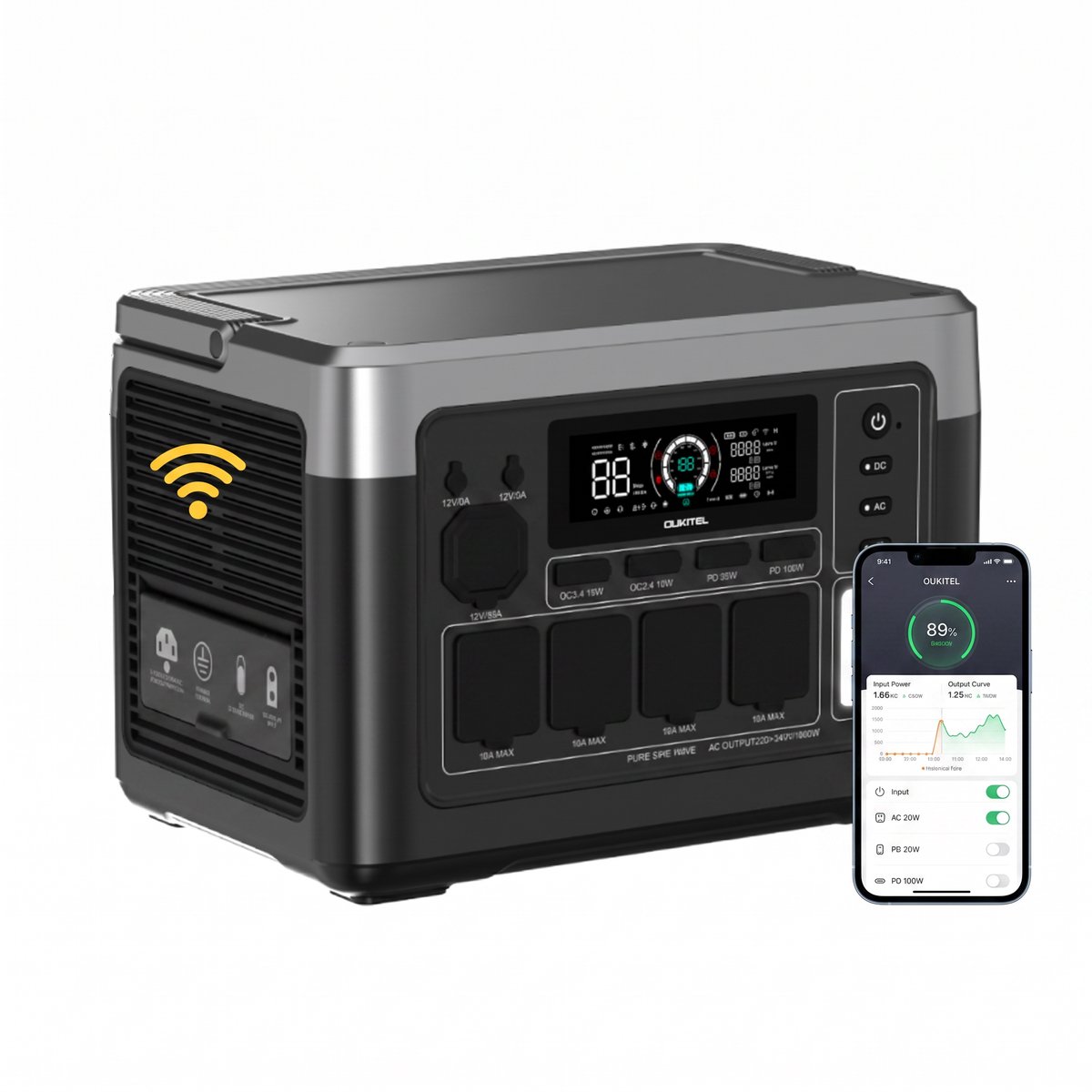Oukitel P1000Plus - Draagbare Powerstation- Draagbare Energiecentrale– 1800W – 1024Wh LiFePO4 – Zuivere Sinusgolf – Snelle Oplading – MPPT Zonne-ondersteuning – UPS Functie – Kamperen & Noodstroom – 11,7 kg – 1 Stuk – Zwart/Zilver