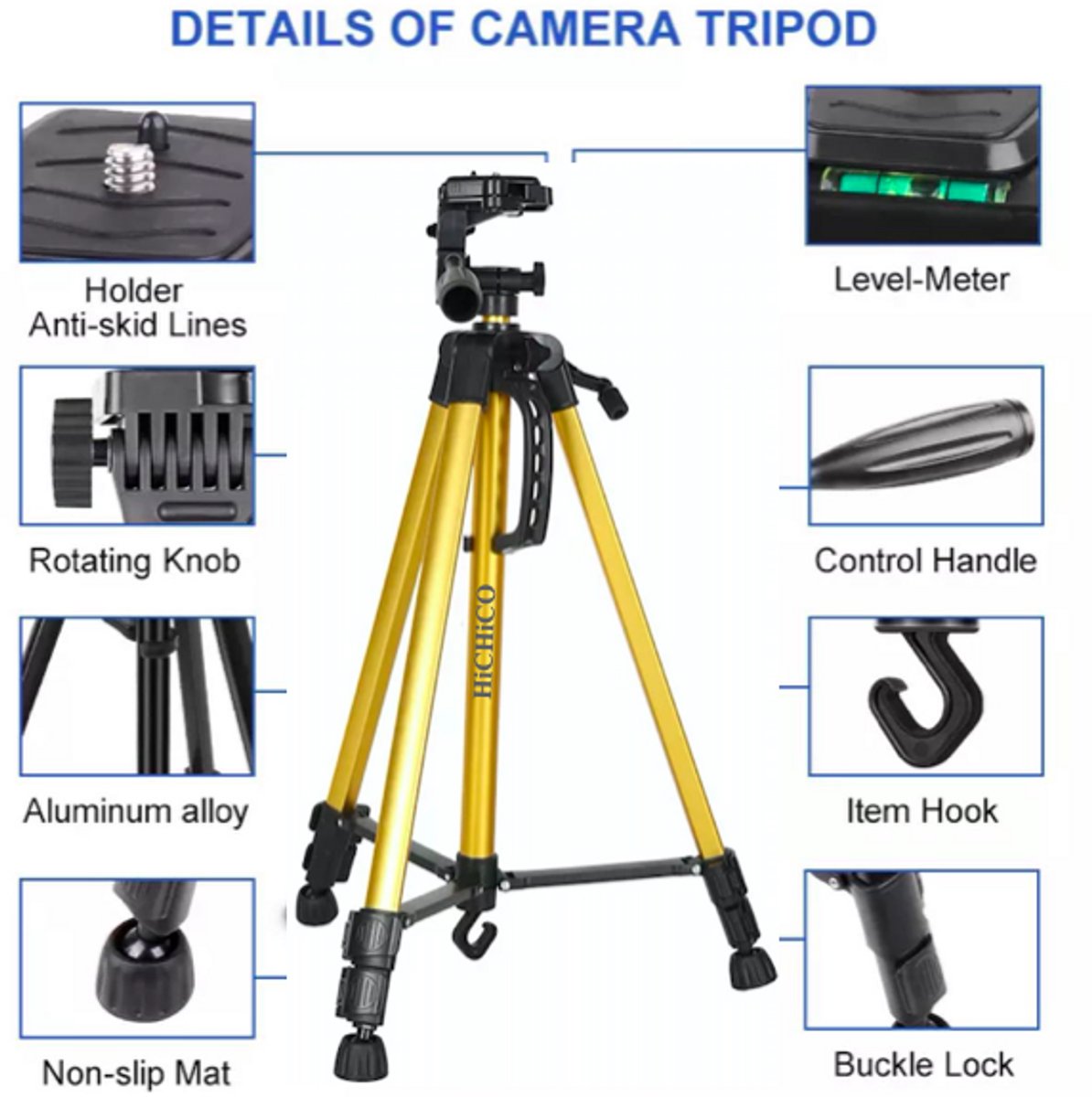 Professioneel Universeel Camera Statief Met waterpas, Handgreep en Hendel Incl. Bluetooth Remote Shutter, Telefoonhouder en Opbergtas – Statief Gold
