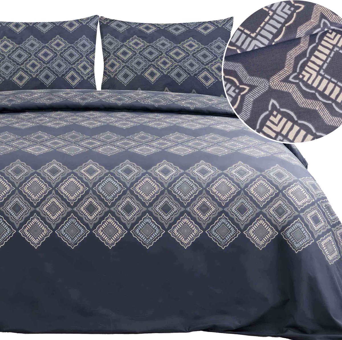 Titel Luxe Katoenen Dekbedovertrekset Ranforce DORA – 200x220 cm – Symmetrisch Geometrisch Donkerblauw – 100% Katoen – Darymex