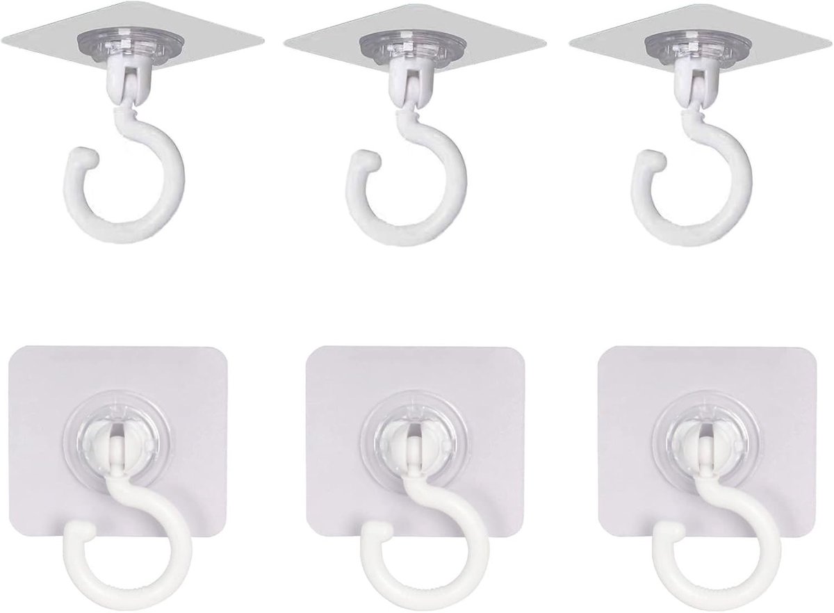 360° draaibare plafondhaken - zelfklevend - 6 stuks - zonder boren - handdoekhaken - waterdicht - sterke transparante wandhaken voor plafond - muur - kledingkast - max. 5 kg
