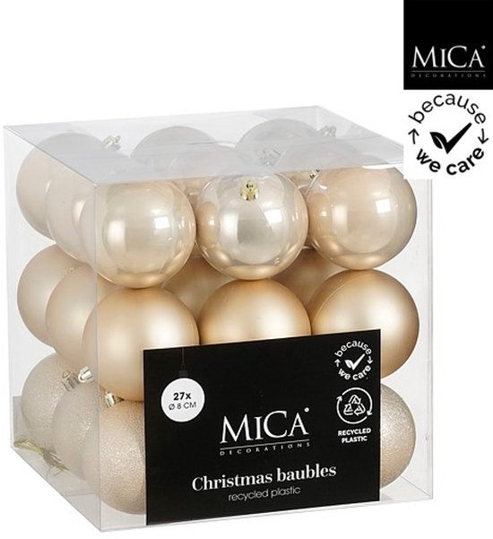 Set van 27 crèmekleurige kerstballen van 8 cm in een transparante doos, afgewerkt met glitters en glans.