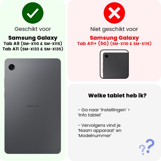 Afbeelding van een grijze Samsung Galaxy Tab A9 tablet naast tekst 'Geschikt voor Samsung Galaxy Tab A9'.