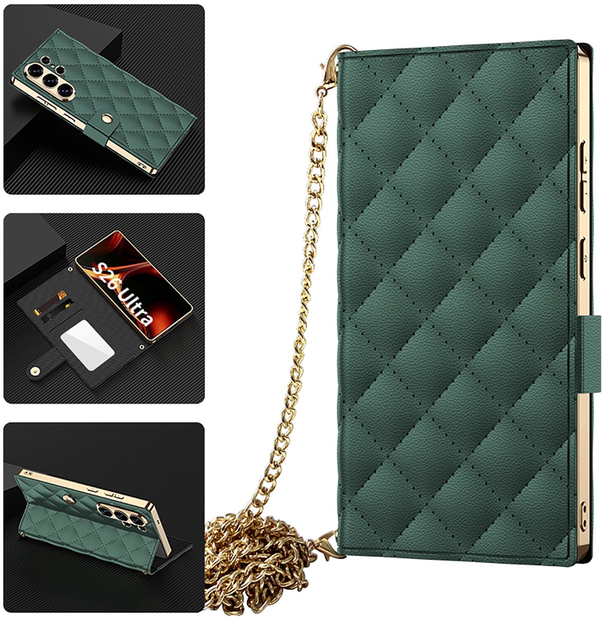 Casemania Hoesje Geschikt voor Samsung Galaxy S26 Ultra - Donker Groen - Gewatteerd Kunstleren Book Case met Pasjeshouder en Koord