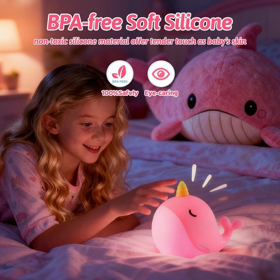 Roze nachtlampje - Nachtlampje voor kinderen - Narwal siliconen nachtlampje - Schattig nachtlampje met 7 kleuren - Draagbaar nachtlampje met aanraakbediening - USB oplaadbaar met timer - Geschikt als nachtlampje, verjaardagscadeau of woondecoratie — afbeelding 3