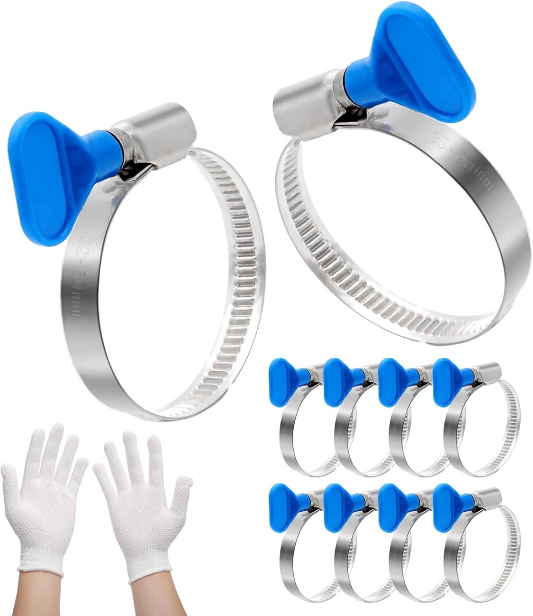 SnelShoppen - RVS Slangklemmen Set 32-50mm met 1 Paar Handschoenen, 10 Stuks Slangklemmen met Vleugelmoer Verstelbaar voor Zwembadslang, Gas, Water, T