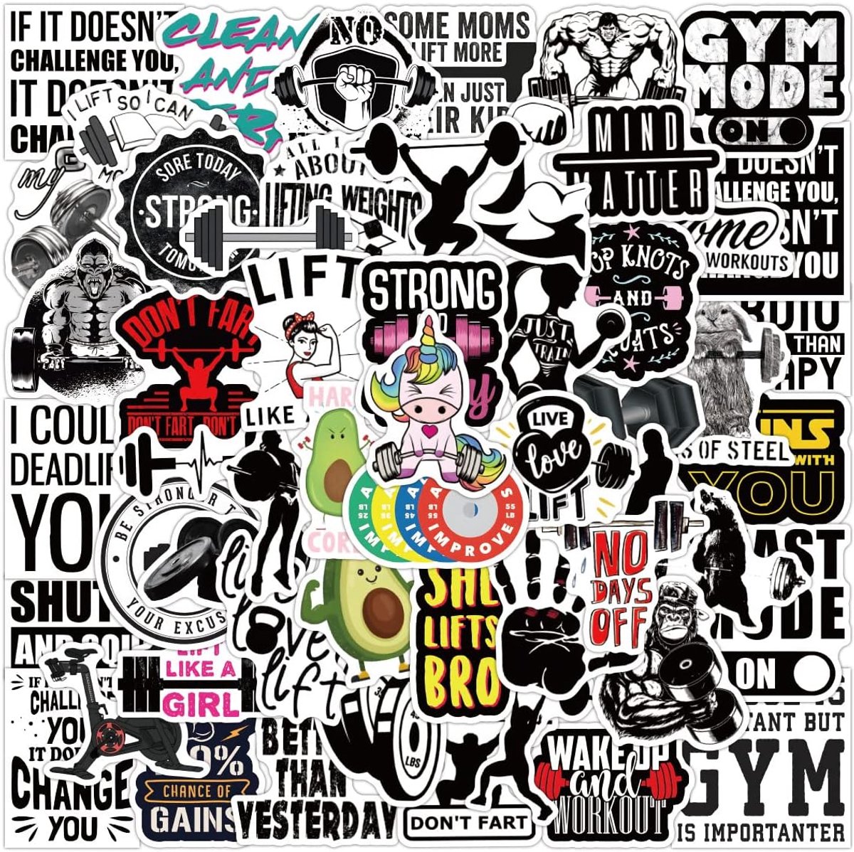 SnelShoppen - Fitness Stickers Set van 50 voor Kinderen Tieners Jongens Gymnastiek Waterdichte Sticker Set voor Laptop Waterfles Fiets Skateboard Auto