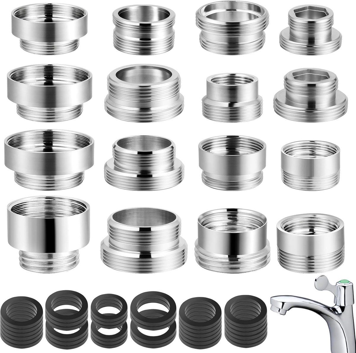 SnelShoppen - 16-delige Kraan Adapter Set met Vrouwelijke en Mannelijke Draad, Dubbele Draad Kraan Adapter M16 naar M22 met Sealing Ring, Perfect voor