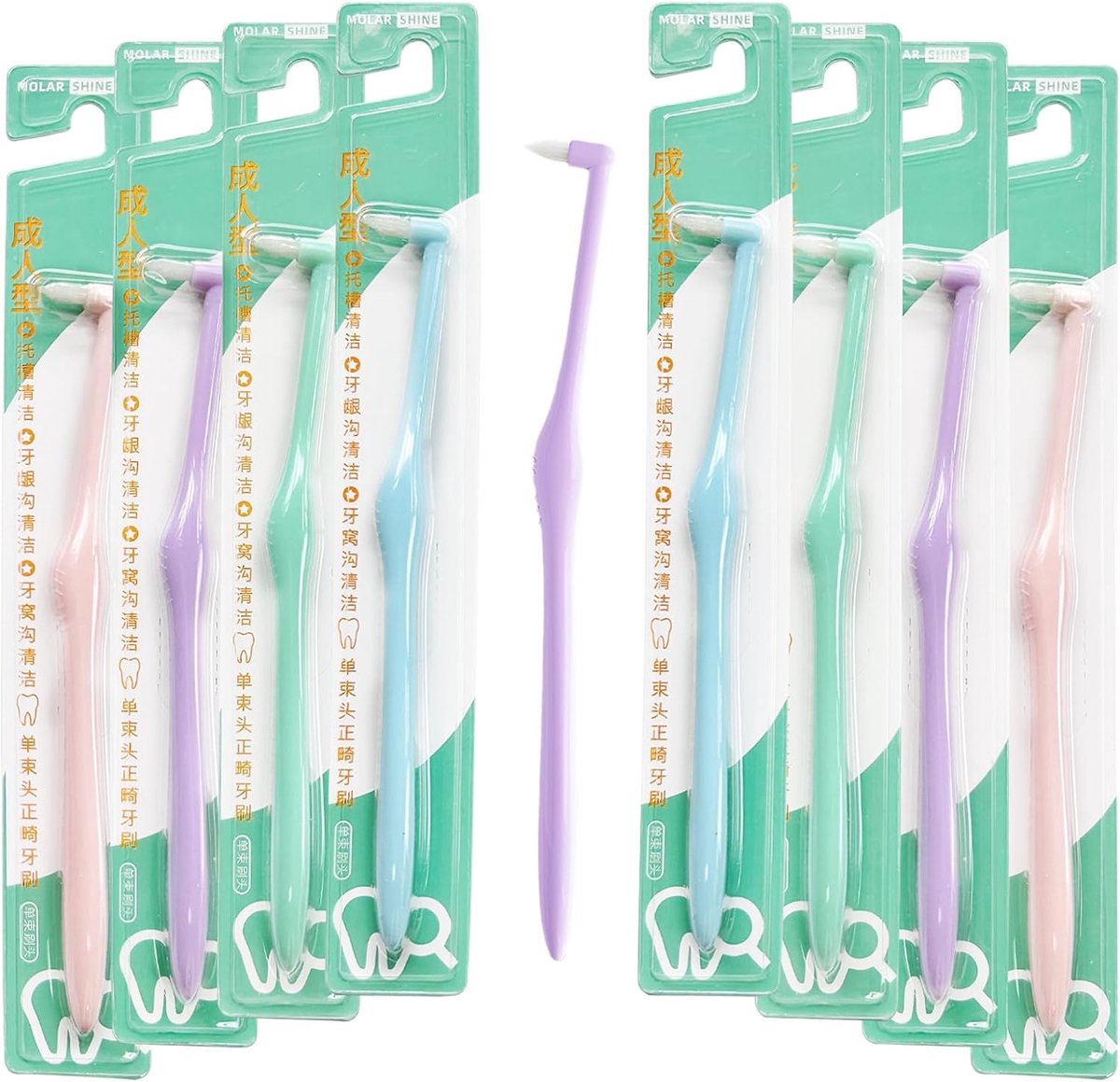SnelShoppen - 8Pcs Tandenborstel Interspace, Zachte Enkele Borstel Voor Orthodontische Beugels, Detailreiniging Tanden, Klein Hoofd Tandenborstels Voo
