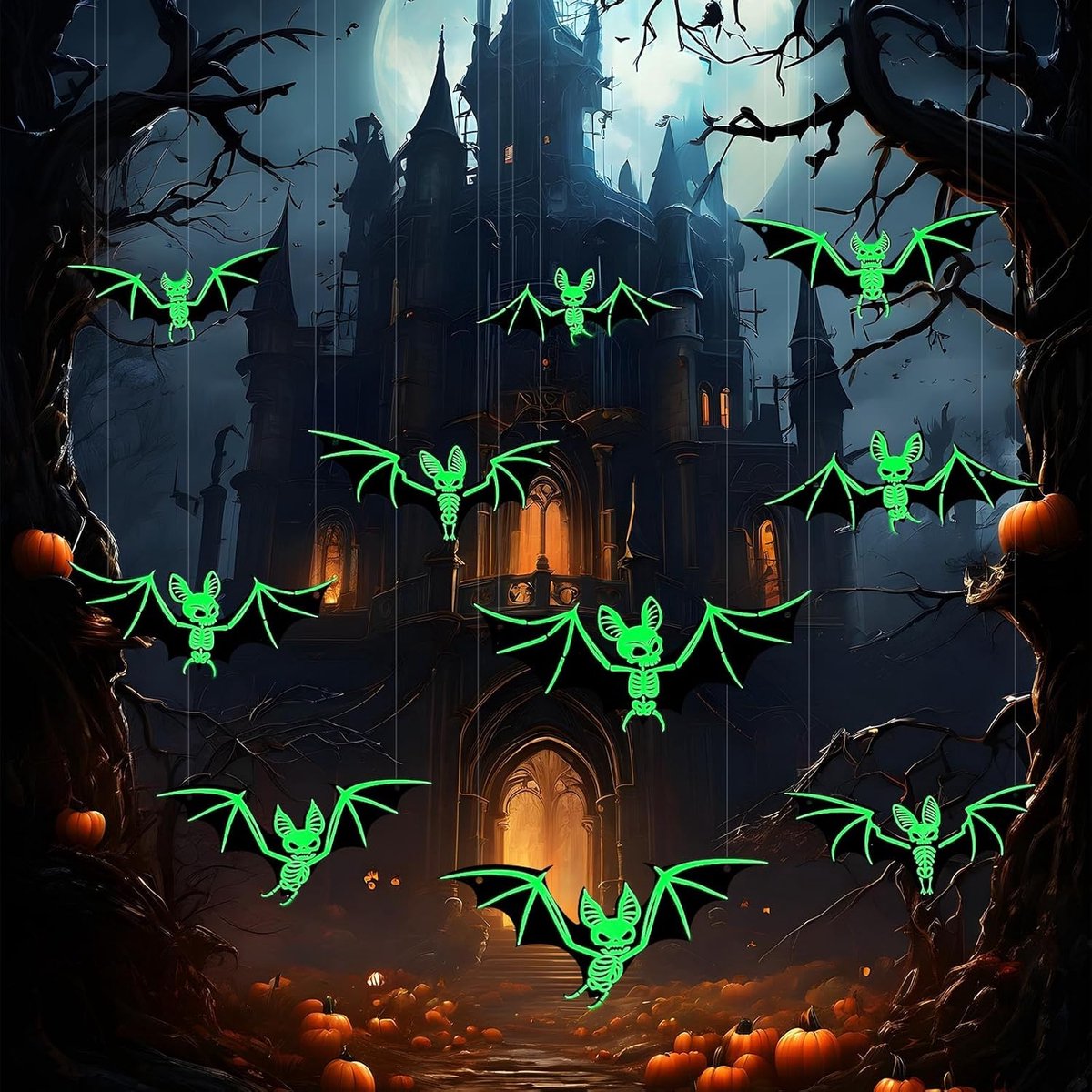 SnelShoppen - Halloween Decoratie, 10 Stuks Halloween Vleermuis Decoratie met 2 Spoelen Vissnoer en 12 Plaklabels, Waterproof PVC Wanddecoratie voor F