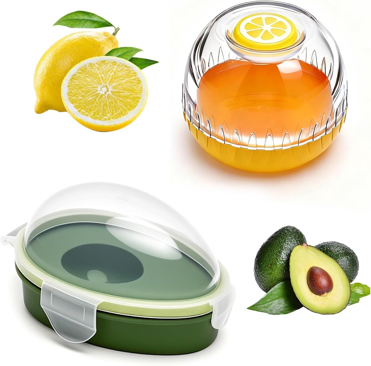 SnelShoppen - Avocado en Citroen Bewaarbox Set van 2 - Voedselboxen met Deksel, BPA Vrij, Versheidsbewaker voor Fruit en Groenten, Herbruikbare Koelka