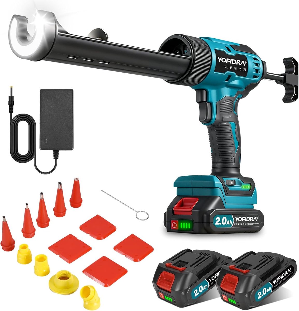 SnelShoppen - Draadloze Kitpistool, Elektrisch Siliconenpistool 600kg Kracht, 6 Snelheden, LED-Lamp, 2×2,0 Ah Accu's, 13 Accessoires, 5 Spuitmonden vo