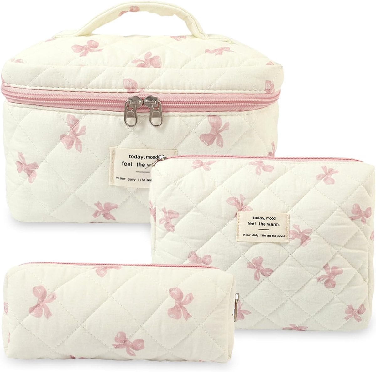 SnelShoppen - 3-delige Coquette Make-up Tas Set, Gewatteerde Katoenen Toilettas voor Vrouwen, Grote Capaciteit Bloemen Cosmetische Tas, Ideaal voor Re