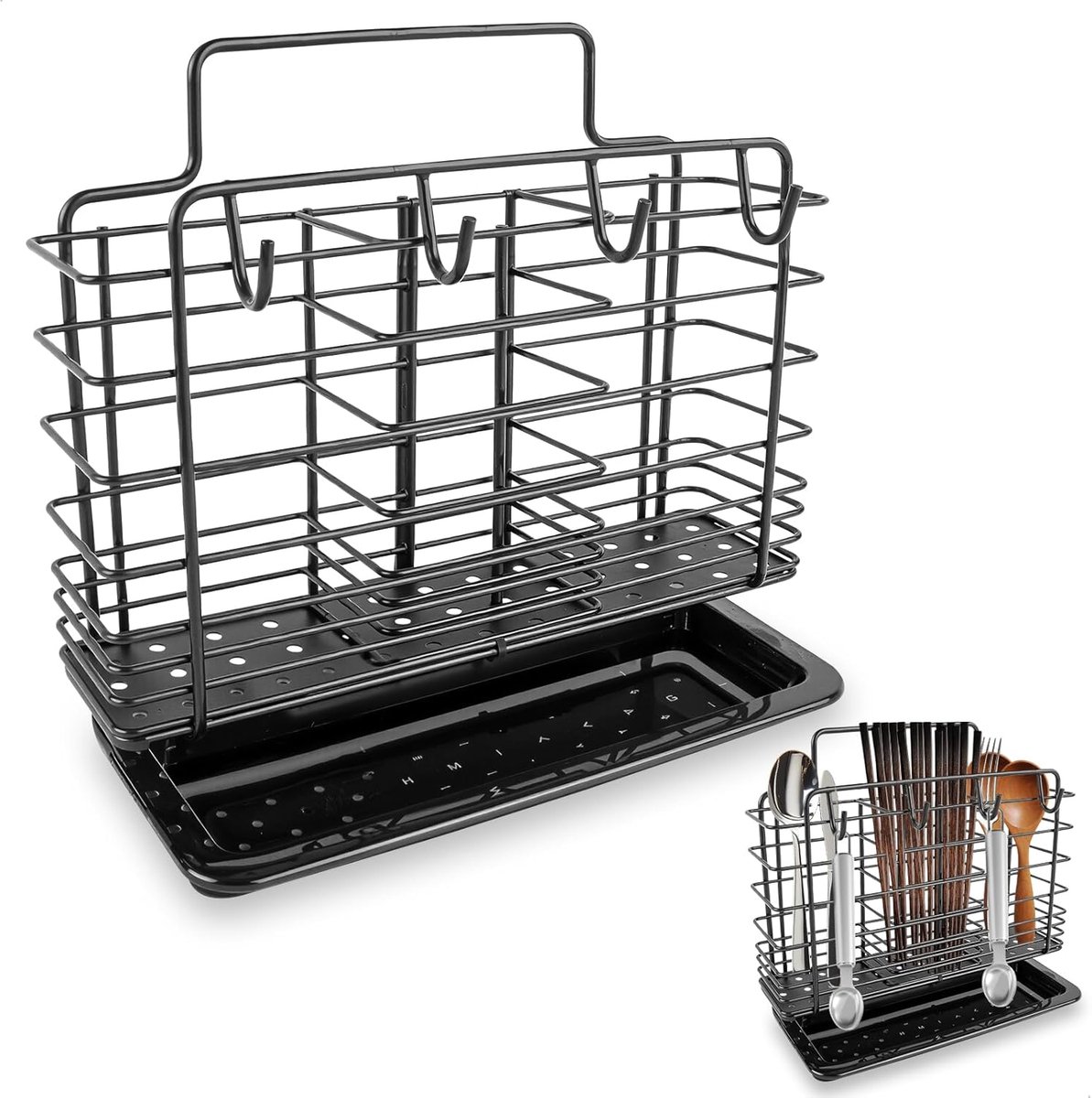 SnelShoppen - Keuken Gereedschap RVS Bestekhouder met 3 Compartimenten voor Opslag, Muurbevestiging Zonder Boren, Verwijderbaar, Inclusief Afvoergedee