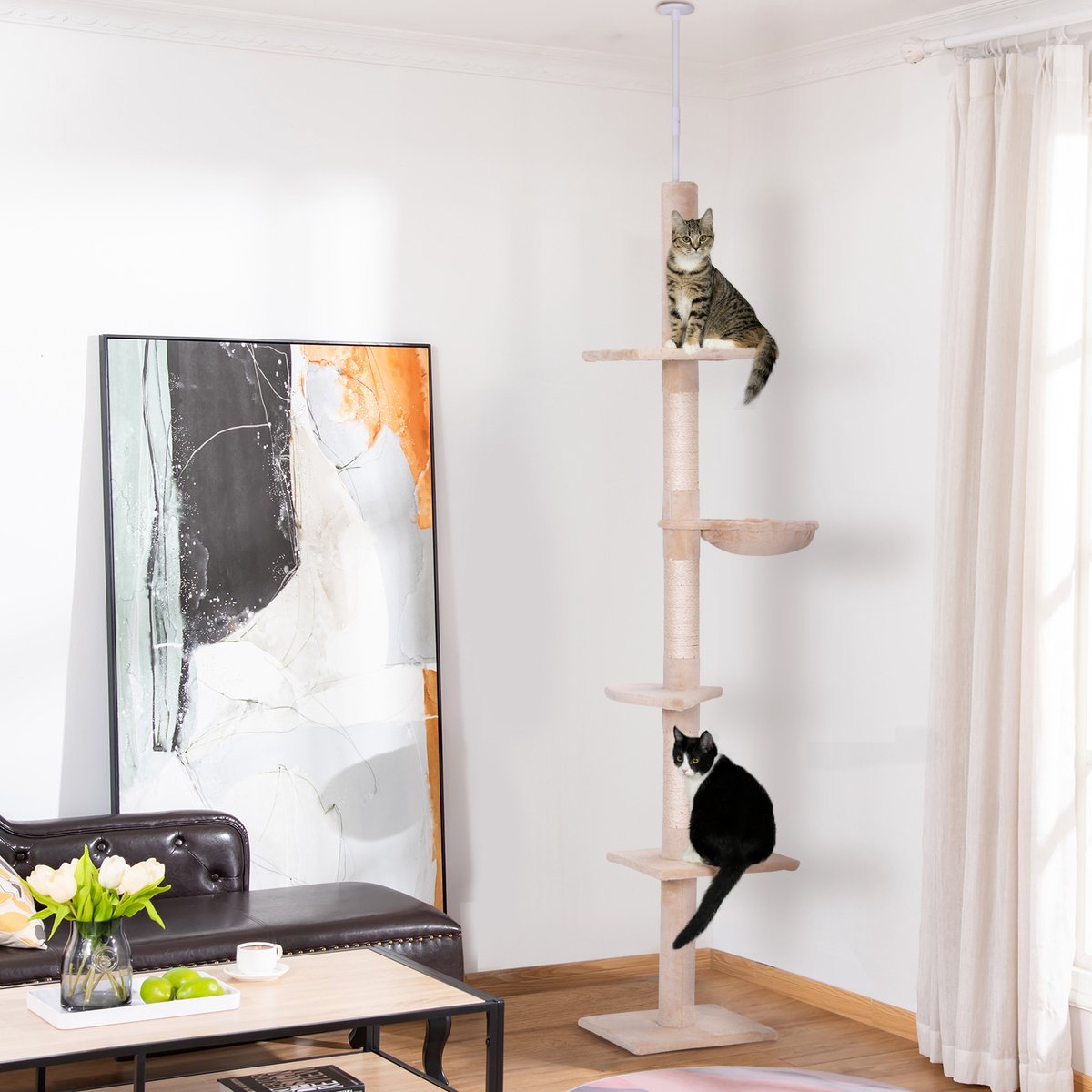 DESMIU Krabpaal – Hoogte Verstelbaar 230–260 Cm – 40 x 34 Cm – Multiplex, Pluche En Sisal – Beige – 5 Niveaus Voor Krabben En Klimmen