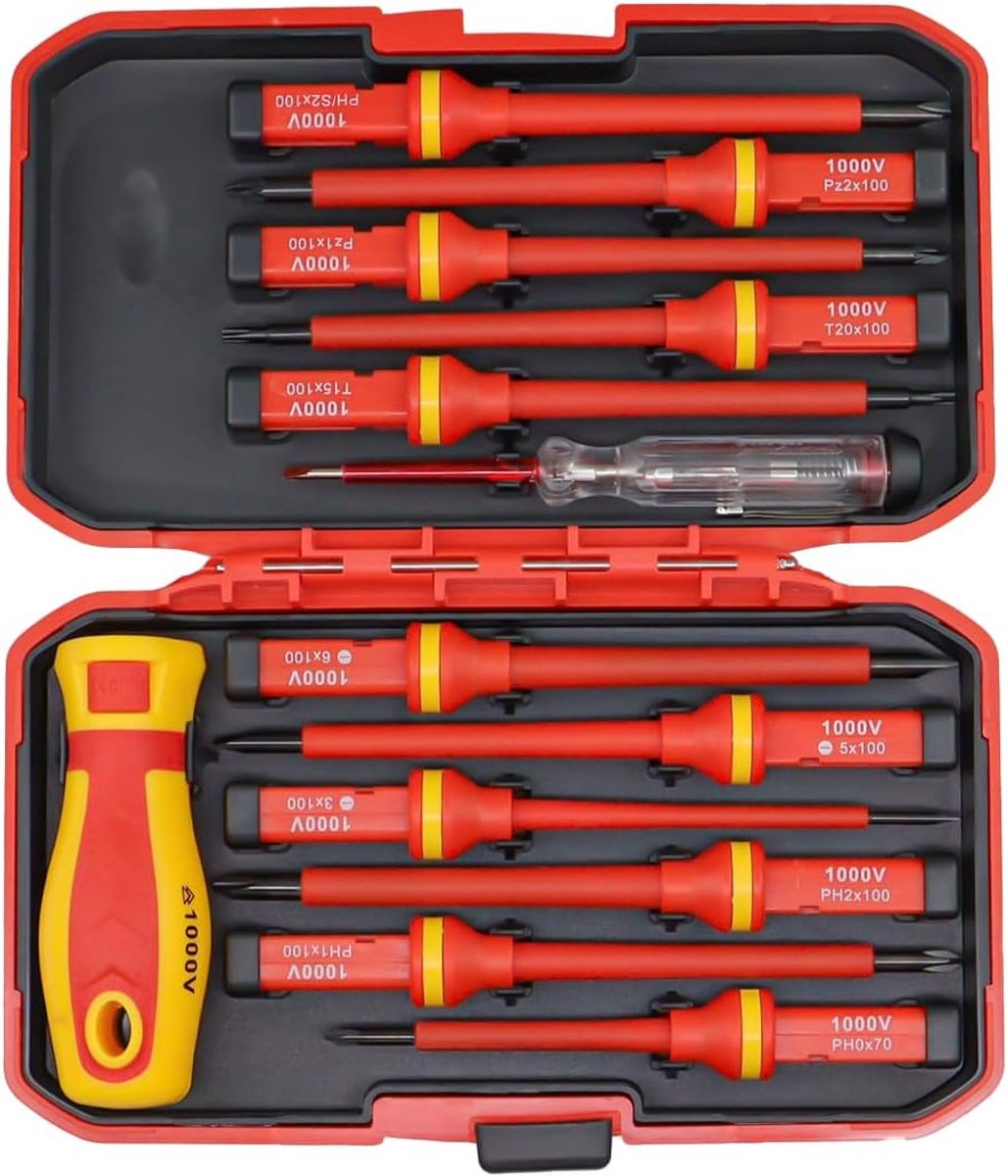 SnelShoppen - 13-Delige VDE Schroevendraaierset, Geïsoleerde Elektricien Schroevendraaiers, Voltagetester tot 1000 V, Inclusief Sleuf, Torx, PH & PZ