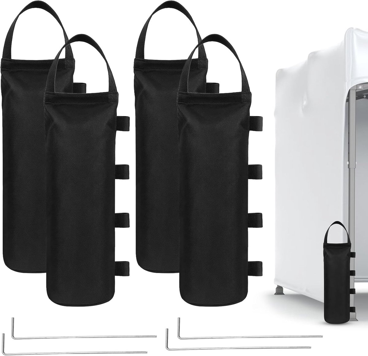 SnelShoppen - Set van 4 Zandzakken voor Gewicht, 20 x 50 cm, Ideaal voor Gazebo, Tent, Parasol, Camping, Weerbestendig en Duurzaam met 4 Tentpinnen