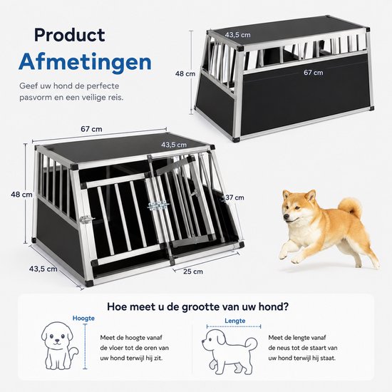 Afmetingen van zwarte en aluminium hondenbench met hellend front en verticale spijlen.