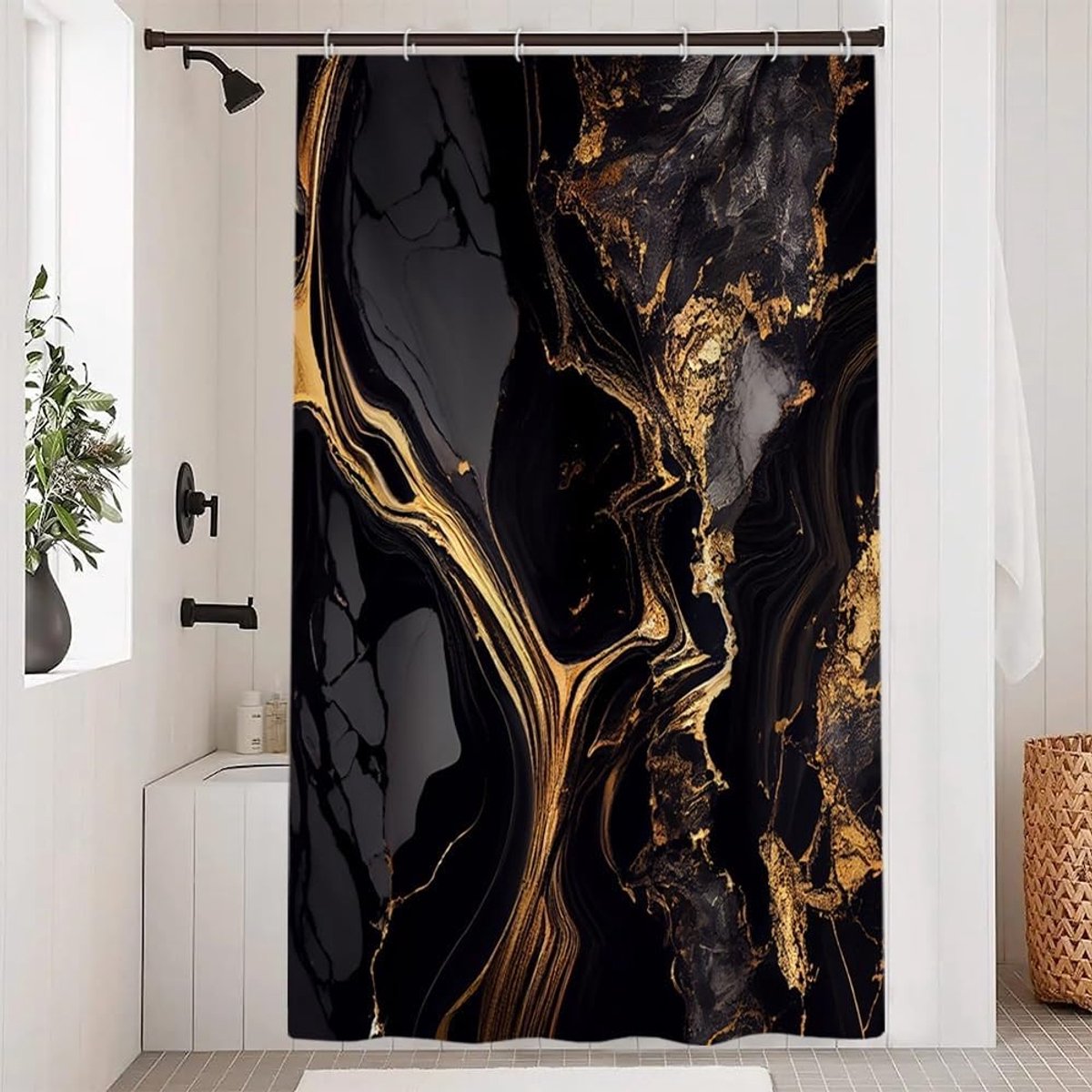 SnelShoppen - Douchegordijn Zwart Goud Marmer Effect Waterdicht Polyester 120x200cm - Schimmelbestendig en Wasbaar Met 12 Haken voor Badkamer