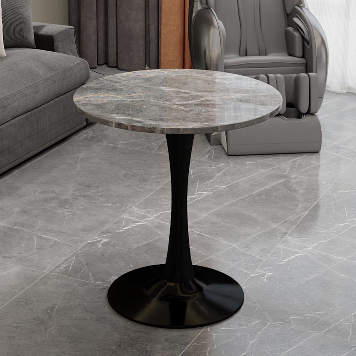 KOMHTOM - Ronde Salontafel en Eettafel - Mid-Century Modern Stijl - 27,6 Inch - Rond Marmeren Tafelblad met Diepgrijze Geaderde Afwerking - Zwart - Geschikt voor 2-4 Personen