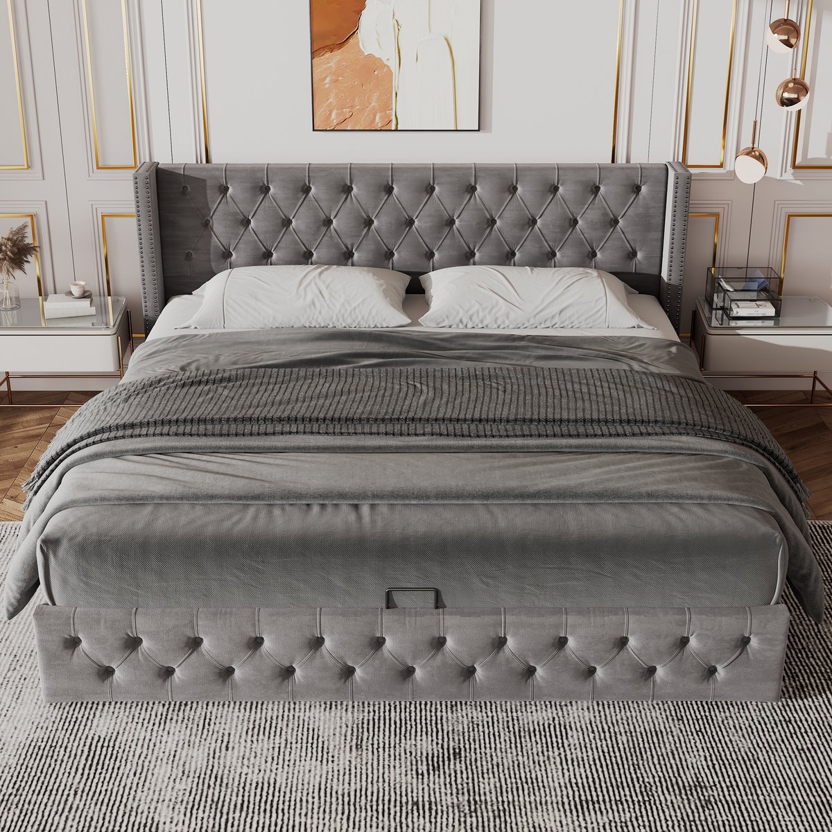 Gestoffeerd Bed 140x200 cm - Velvet Hydraulisch Opbergbed Met Chesterfield Hoofdbord Grijs