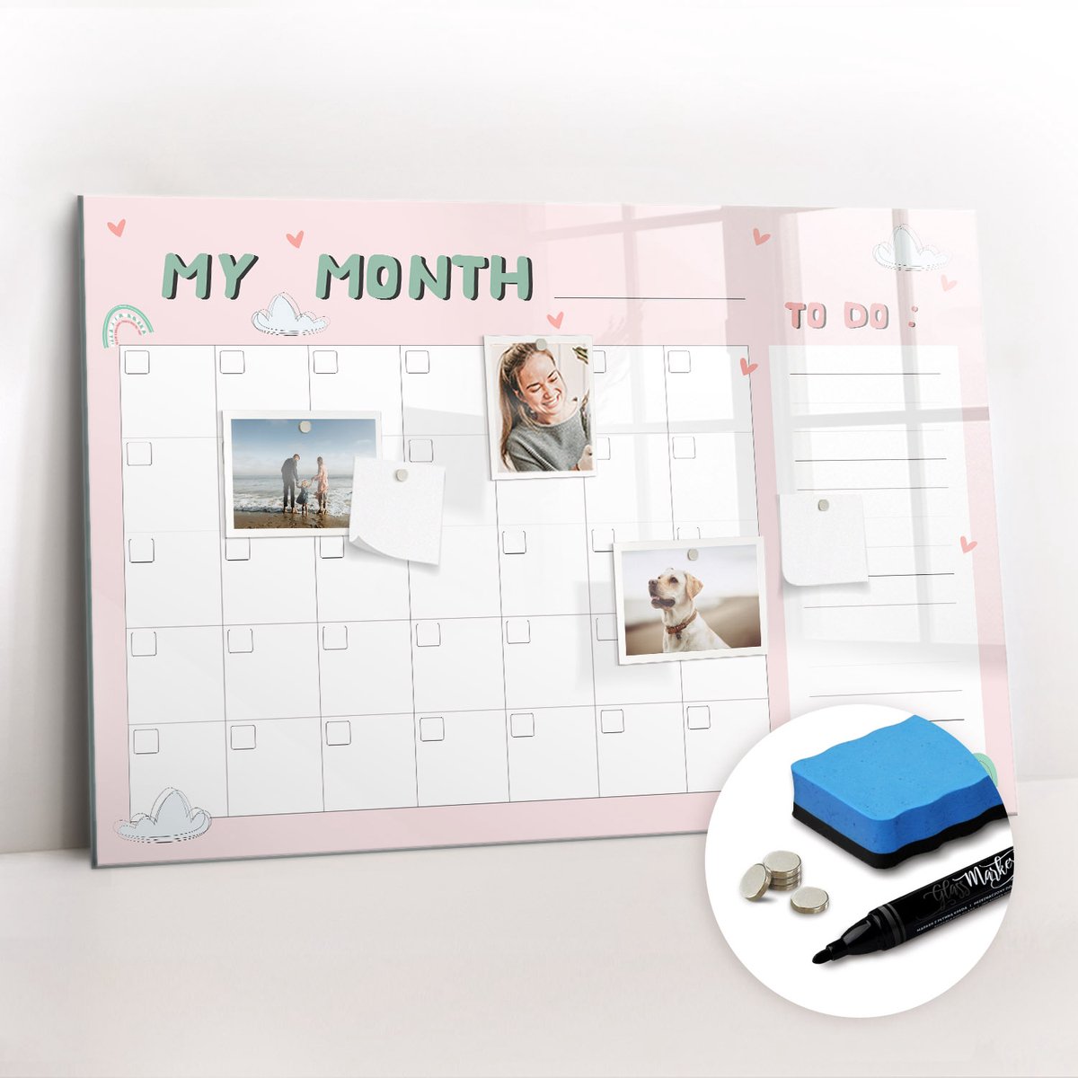 Tulup Whitebord - Maandplanner voor kinderen - 90 x 60 cm - Roze Memobord Glas - Gratis 5 Sterke Magneten + Whiteboard Marker & Wisser - Wanddecoratie Kantoor - Memobord Magnetisch - Inspiratiebord Kantoor