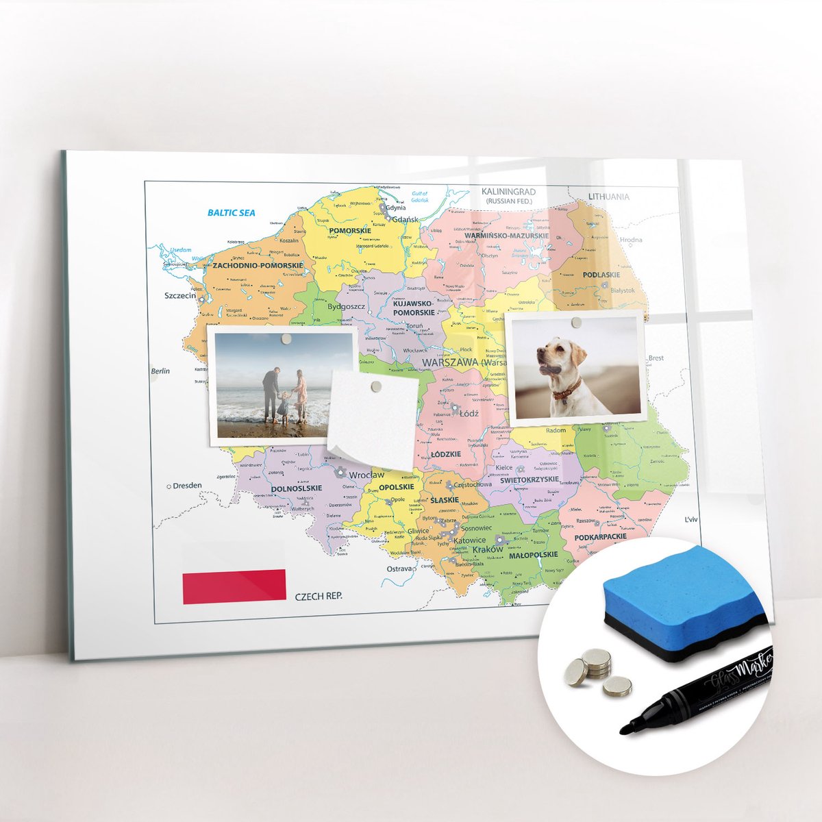 Tulup Whitebord - Geografische kaart van Polen - 60 x 40 cm - Veelkleurig Magnetic Board - Gratis 5 Sterke Magneten + Whiteboard Marker & Wisser - Moderne Wanddecoratie - Magnetic Board - Organiseer Je Bureau
