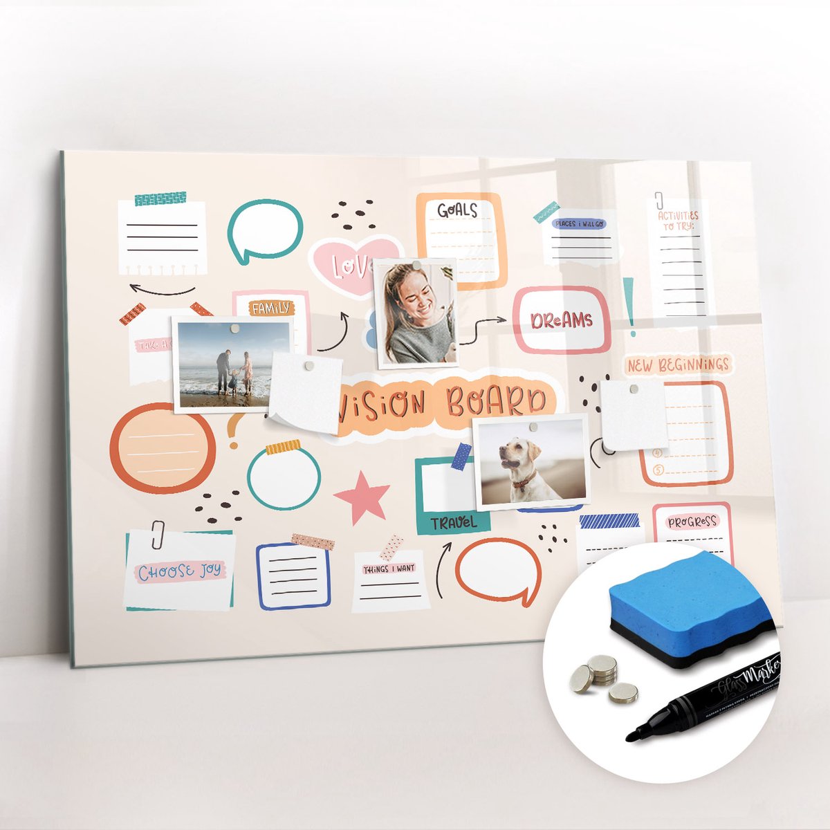 Tulup Whitebord - Kleurenvisiebord - 90 x 60 cm - Veelkleurig Memobord Glas - Gratis 5 Sterke Magneten + Whiteboard Marker & Wisser - Organizer Muur - Memobord Magnetisch - Organiseer Je Bureau