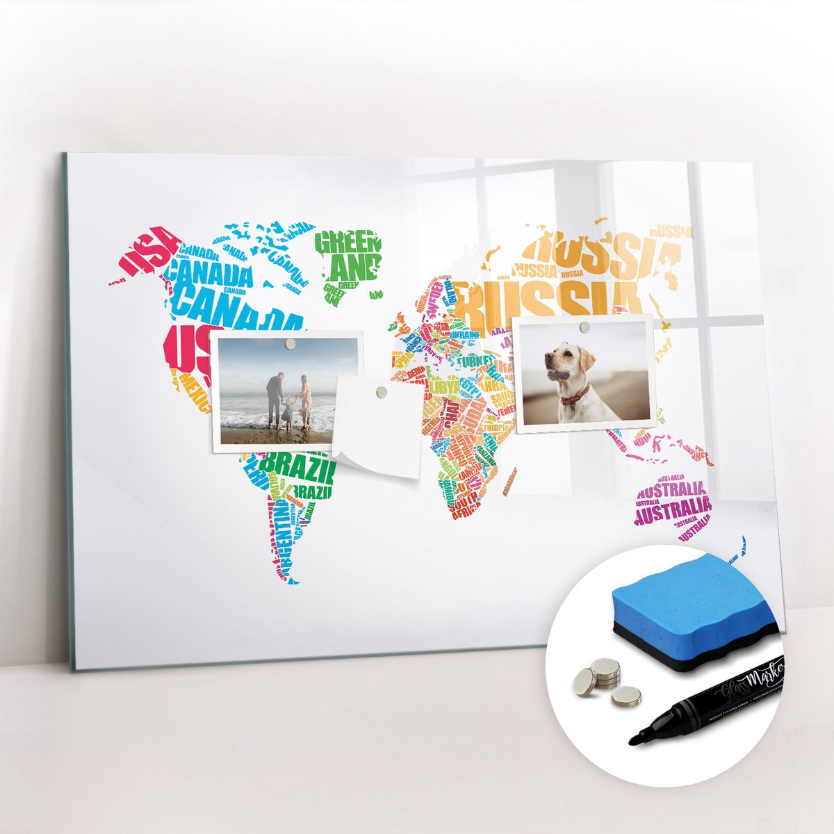 Tulup Whitebord - Kleurrijke landnamen - 60 x 40 cm - Veelkleurig Magnetisch Memobord - Gratis 5 Sterke Magneten + Whiteboard Marker & Wisser - Design Memobord - Magnetisch Wandbord - Inspiratiebord Kantoor