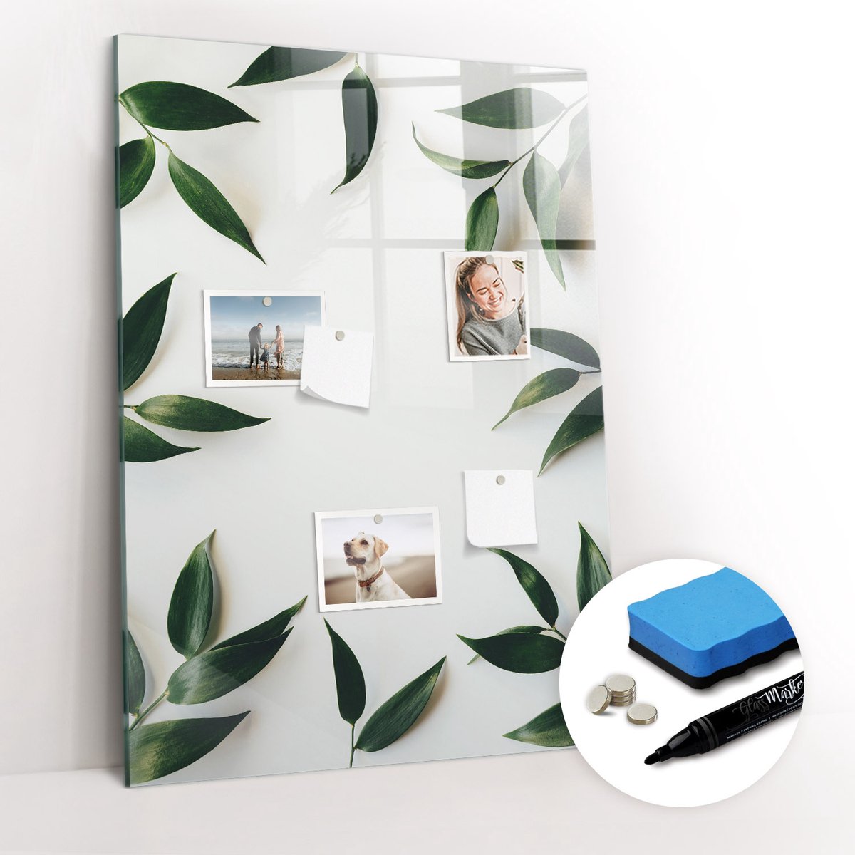 Tulup Whitebord - Groene bladeren omlijsten - 70 x 100 cm - Beige Magnet Board - Gratis 5 Sterke Magneten + Whiteboard Marker & Wisser - Design Memobord - Memobord Magnetisch - Productiviteit Tools