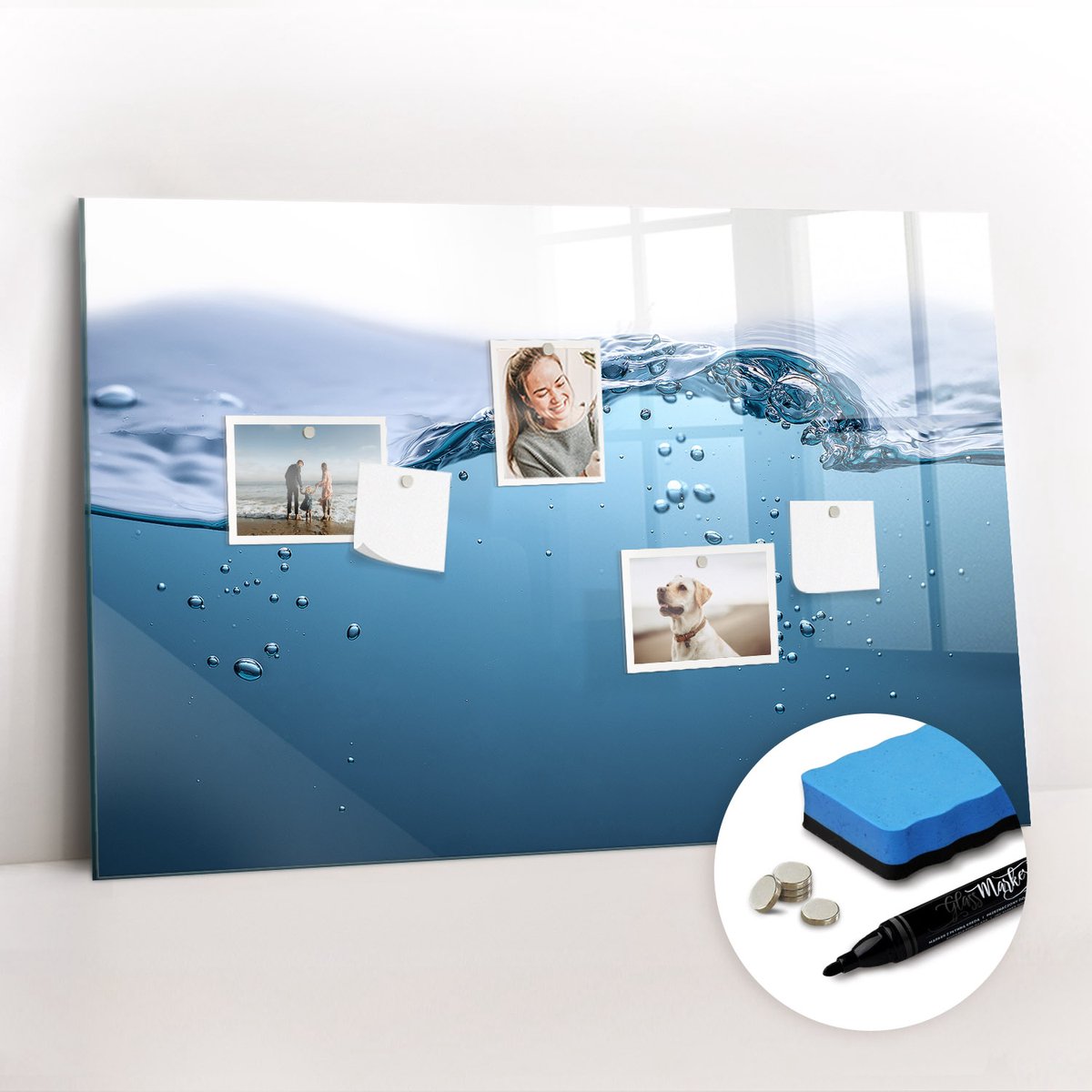 Tulup Whitebord - Close-up van het water - 90 x 60 cm - Blauw Magnet Board - Gratis 5 Sterke Magneten + Whiteboard Marker & Wisser - Moderne Wanddecoratie - Memo Magneetbord - Notitiebord Werkplek