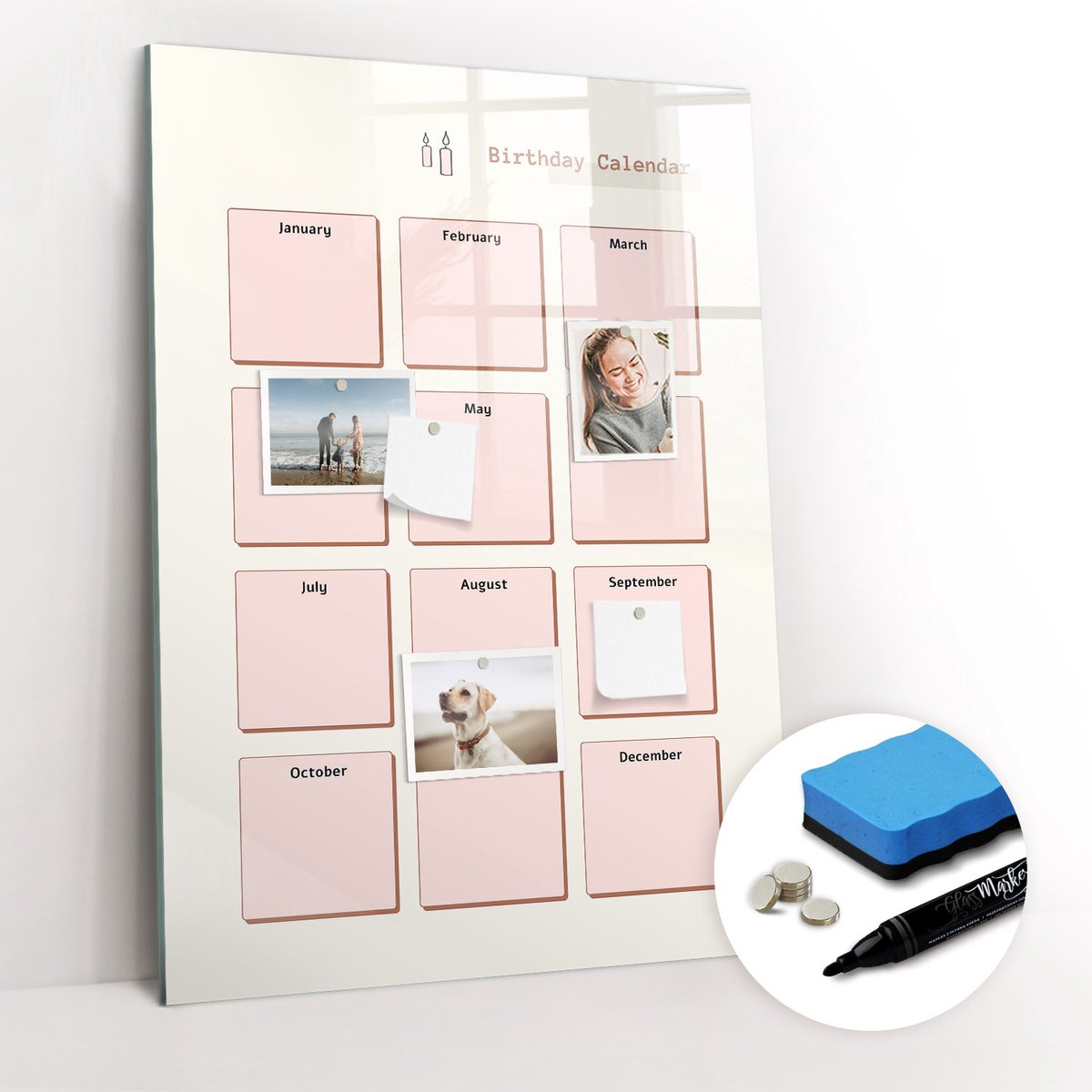 Tulup Whitebord - Verjaardagskalender - 70 x 100 cm - Roze Magneetbord Design - Gratis 5 Sterke Magneten + Whiteboard Marker & Wisser - Minimalistisch Prikbord - Memo Magneetbord - Planning Muur