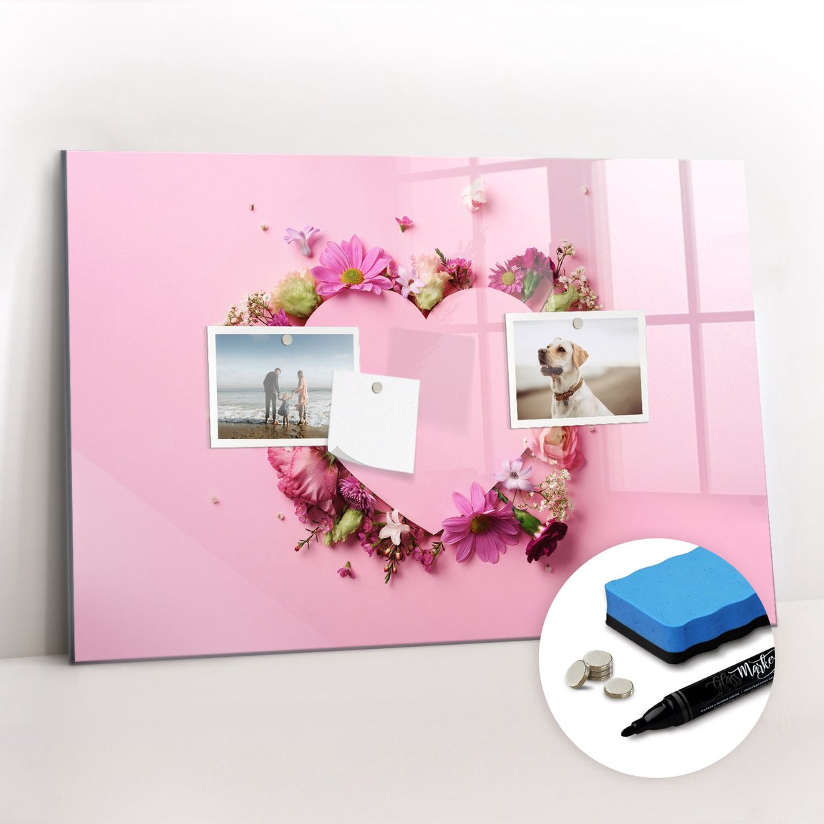 Tulup Whitebord - Hart van bloemen - 60 x 40 cm - Roze Memo Bord - Gratis 5 Sterke Magneten + Whiteboard Marker & Wisser - Minimalistisch Prikbord - Foto Magneetbord - Organiseer Je Bureau