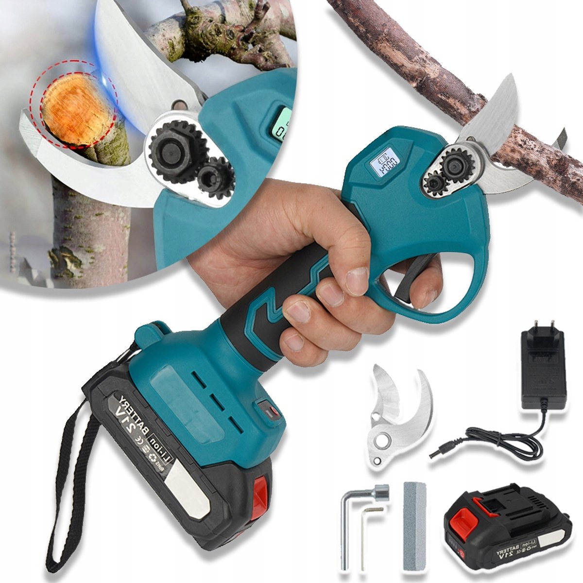 Draadloze Elektrische Snoeischaar Met Borstelloze Motor En Gebogen Blad - Veiligheidsstart 1300 mAh Lithiumbatterij 25 mm Takkenkniplengte Ergonomisch - Blauw