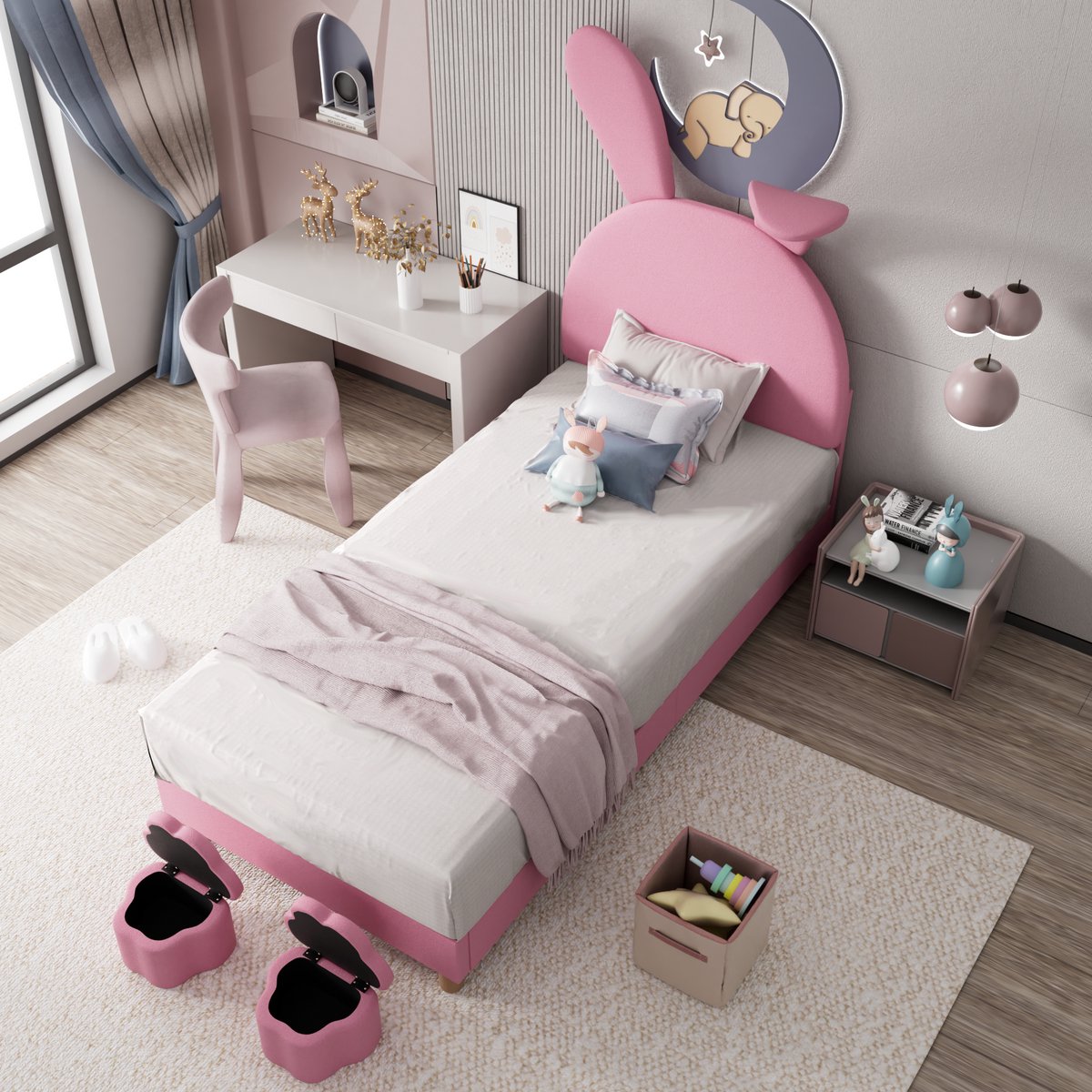 Meisjesbed 90x200 cm - Velvet Gestoffeerd Bed Met LED Hoofdbord Konijnenoren Roze