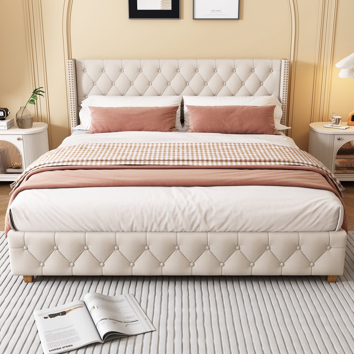 Gestoffeerd Bed 160x200 cm - Linnen Bed Met Gestoffeerd Hoofdbord, Knoopdetails, Nagelrand En Lattenbodem Beige