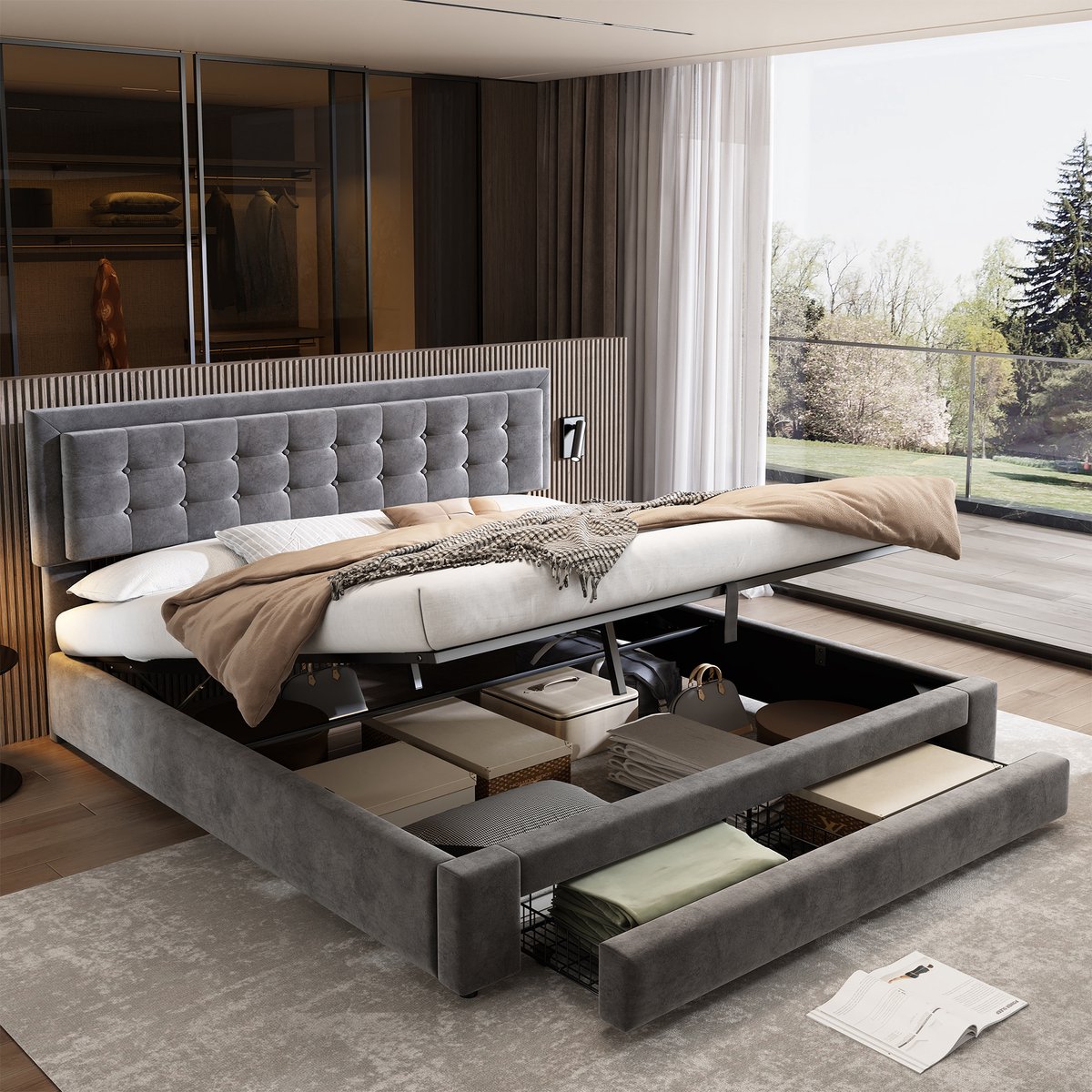 Opbergbed 160x200 cm - Gestoffeerd Velvet Bed Met Hydraulische Opslag En Hoofdbord Grijs