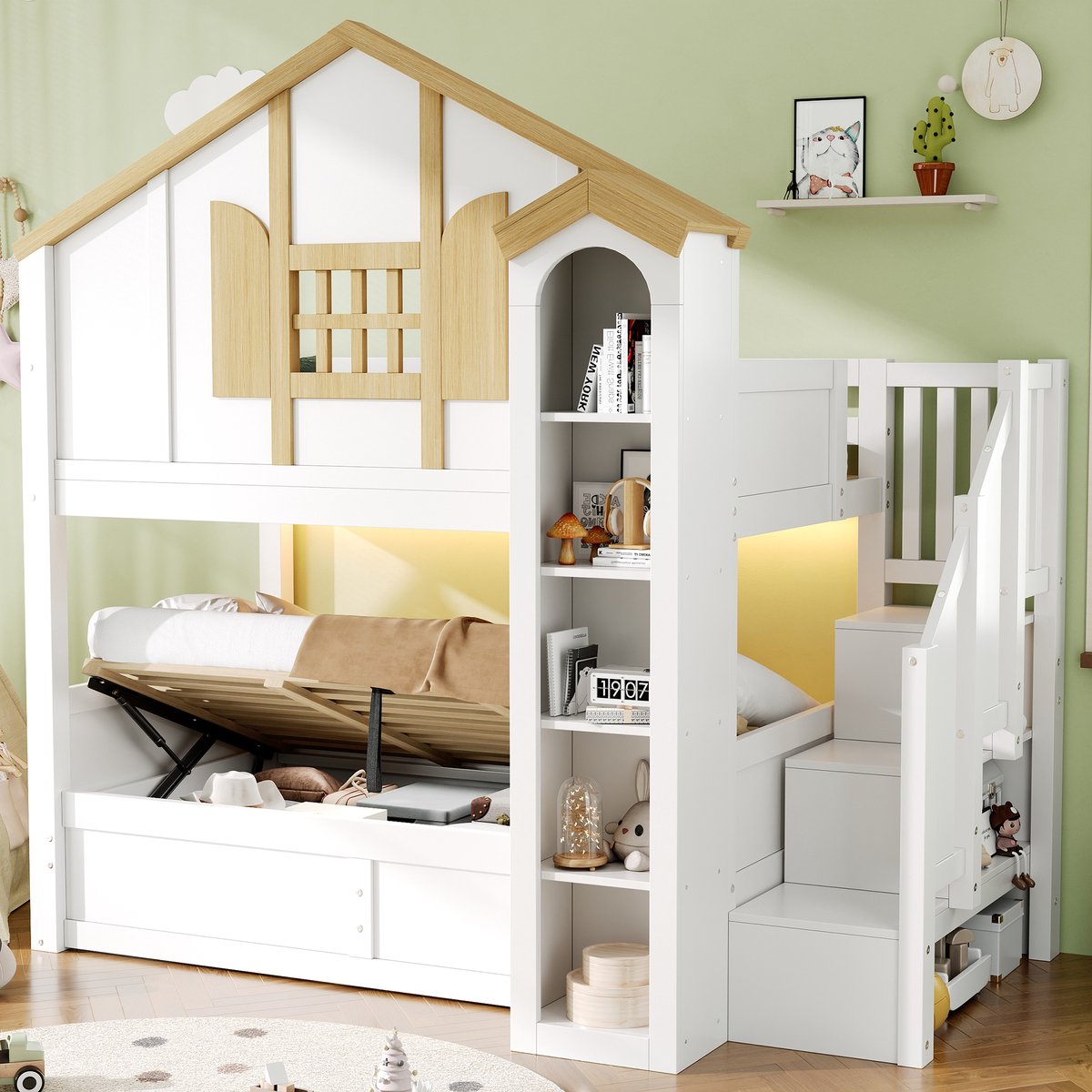 Etagenbed met LED en Stauraum - Functioneel Kinderbed - Wit Naturel - 90*200+90*200cm