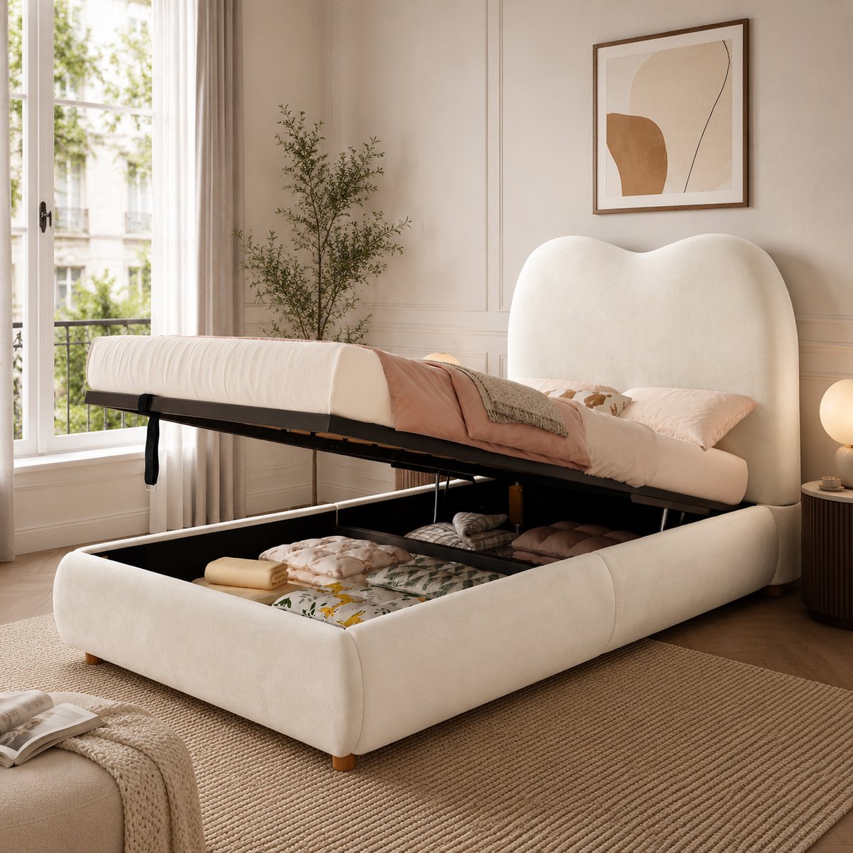 Polsterbed Kinder Einzelbed 90x200cm - Veel Stauraum Padded Kopfboard - Beige