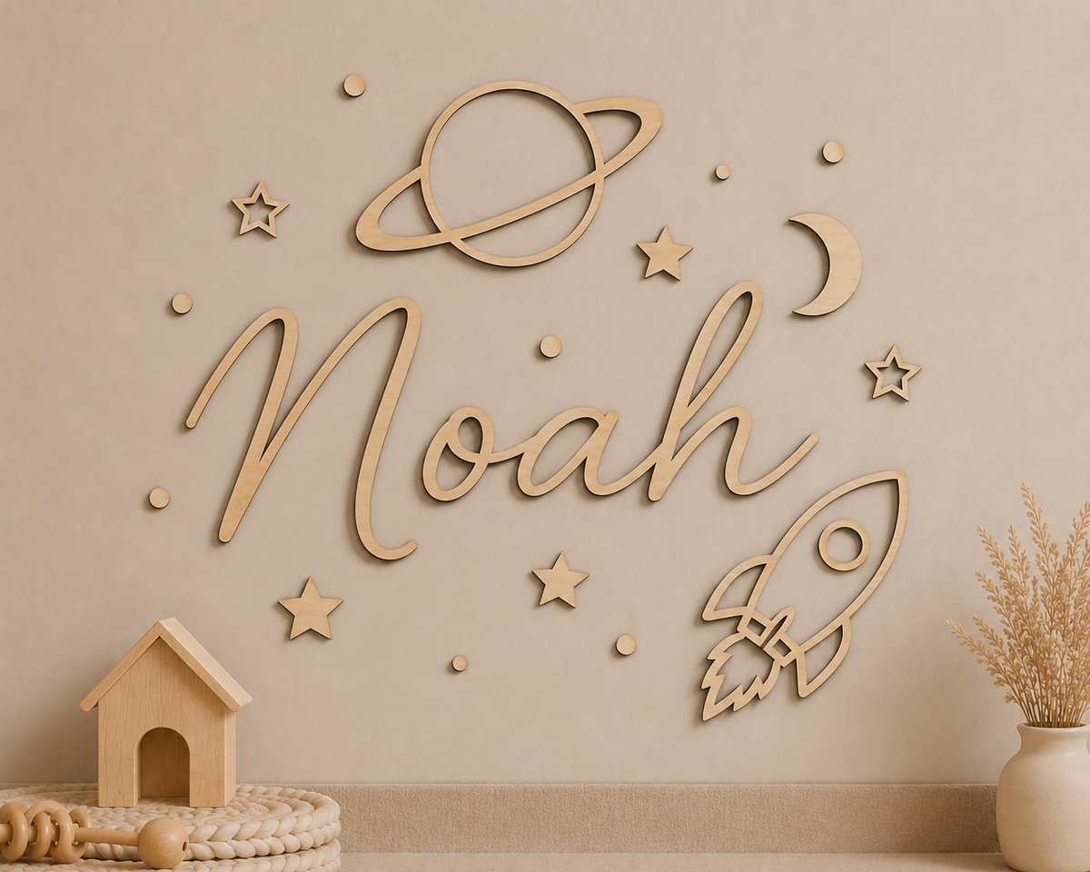 Gepersonaliseerde Houten Naamdecoratie Ruimte – 50 x 25 cm – Wanddecoratie Babykamer & Kinderkamer – 5 mm Hout – Maan, Raket & Planeet – Uniek Kraamcadeau