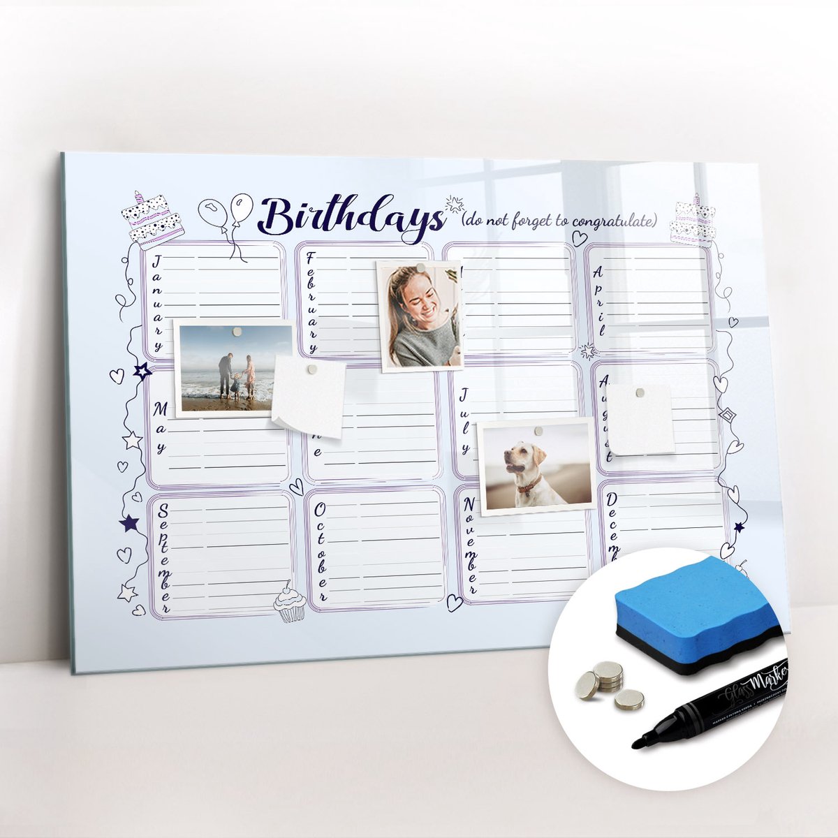 Tulup Whitebord - Verjaardagsbericht - 90 x 60 cm - Blauw Memobord Keuken - Gratis 5 Sterke Magneten + Whiteboard Marker & Wisser - Design Memobord - Magneetbord Design - Inspiratiebord Kantoor