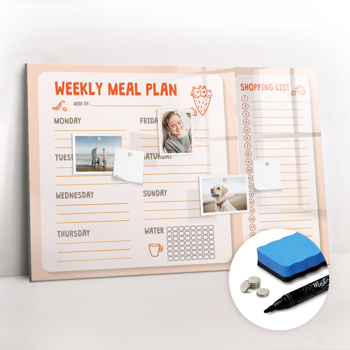 Tulup Whitebord - Retro maaltijdplanner - 90 x 60 cm - Veelkleurig Magneetbord Muur - Gratis 5 Sterke Magneten + Whiteboard Marker & Wisser - Stylish Memo Board - Memobord Keuken - Notitiebord Werkplek