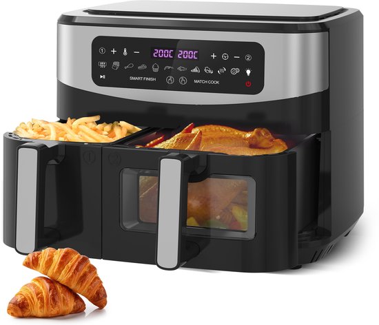 10L Heteluchtfriteuse met Dubbele Mand 6L+4L, Kijkvenster Airfryer, Micro-Stoomfunctie, 12 Programma’s, LED-Touchscreen, 50-230°C, 2600W, Olievrij, Zwart